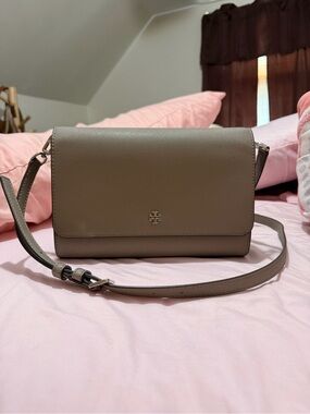 Tory Burch Taupe Leather Crossbody with Gold Logo